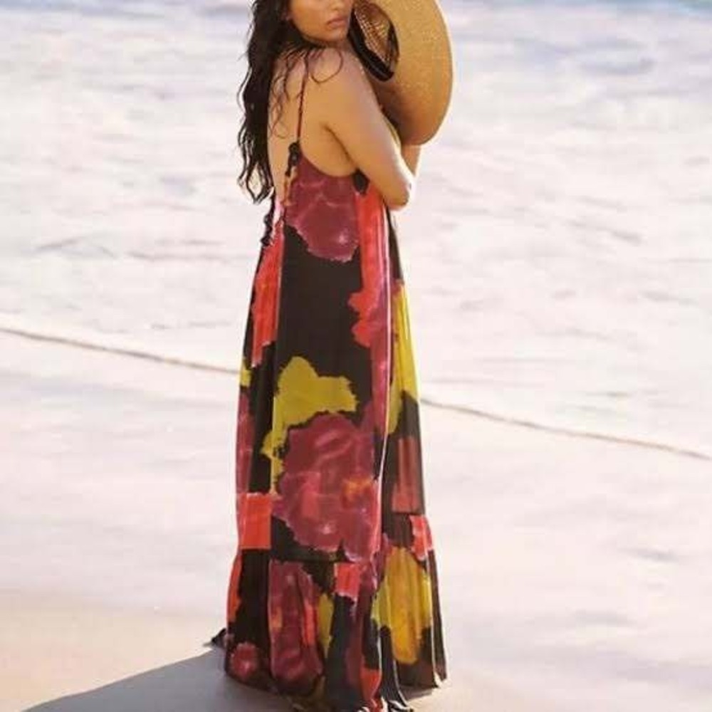 Anthropologie Flounced Maxi Cover-Up Dress 1X Black Pink Tiered Maxi Boho Artsy